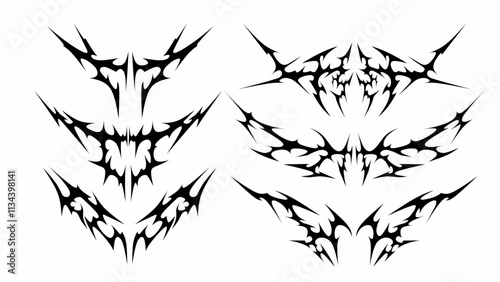 Set of tribal abstract shapes with a stiff touch. Set of Symmetrical neo tribal sigilism Pattern Cyber ​​Gothic vector Elements in Abstract White 