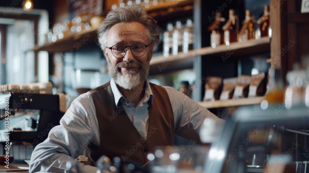 Charming barista serves handcrafted beverages in a cozy coffee shop filled with aromatic delights Charming barista serves handcrafted beverages in a cozy coffee shop filled with aromatic delights