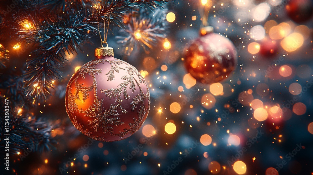 A close-up of beautifully decorated Christmas ornaments hanging from a tree, surrounded by warm, glowing lights and a soft, blurred background. A close-up of beautifully decorated Christmas ornaments hanging from a tree, surrounded by warm, glowing lights and a soft, blurred background.