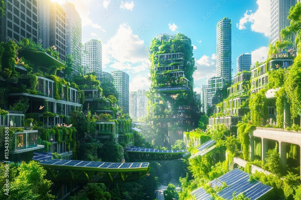A vibrant and utopian cityscape covered in greenery, solar panels, and futuristic eco-friendly architecture, bathed in warm sunlight and surrounded by a bright blue sky. A vibrant and utopian cityscape covered in greenery, solar panels, and futuristic eco-friendly architecture, bathed in warm sunlight and surrounded by a bright blue sky.