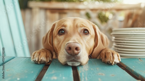 A cute dog with a hopeful expression rests its paws on a bright blue table, gazing upwards, likely eyeing something interesting or tasty above. photo