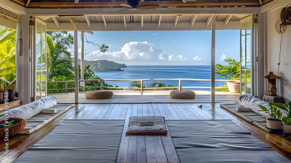 Fototapeta premium Scenic Coastal View from Serene Interior with Yoga Mats and Natural Light