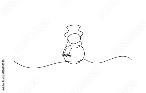Continuous line art drawing a smiling snowman, A cute smiley snowman drawn in continuous line art with a white background, Snowman continuous one line art style vector illustration.