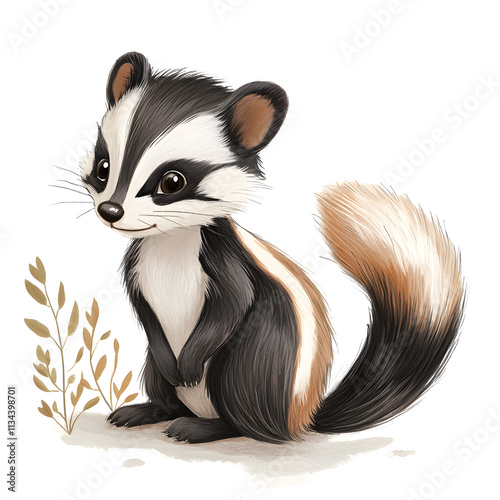 Illustration of a cute smiling striped skunk isolated on a simple background, wild animals clipart in pastel colours, perfect for educational materials, children's books, or nature-themed designs photo