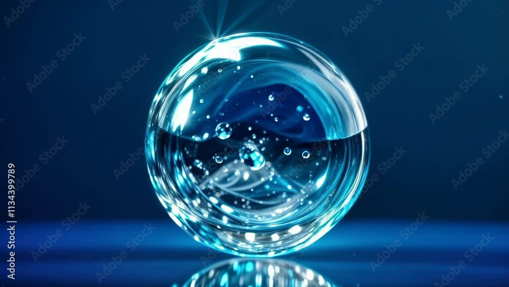 Rotating Transparent Blue Sphere with Water and Bubbles Seamless Looping 4K Video. Abstract Liquid Animation for Motion Graphics, Visual Effects, and Scientific Projects. Rotating Transparent Blue Sphere with Water and Bubbles Seamless Looping 4K Video. Abstract Liquid Animation for Motion Graphics, Visual Effects, and Scientific Projects.