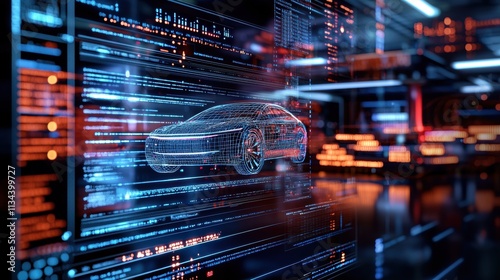 Digital wireframe of car with technical data in futuristic automotive design environment. High-tech and innovation concept.