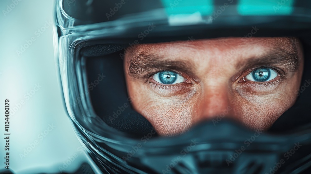 Close-up of intense blue eyes of a motorcyclist, vividly revealed through a sleek, black helmet, capturing a sense of mystery and determination.