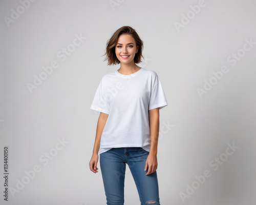 Young woman with short hair wearing white oversized t-shirt and jeans isolated on grey background