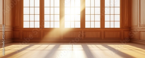 law restriction policy concept. Bright room with wooden walls and large windows casting light.