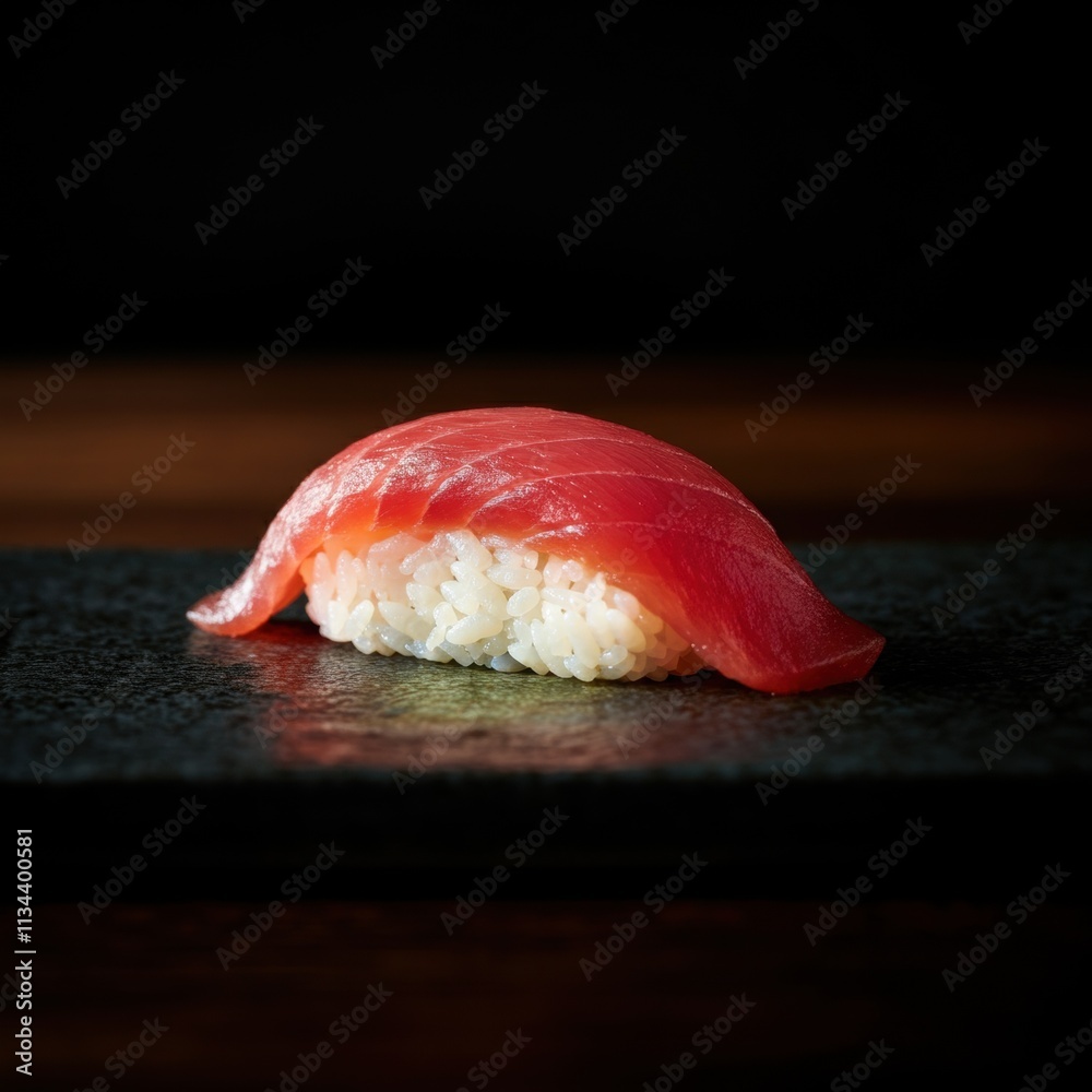 Fresh nigiri sushi with tuna slice on dark surface Fresh nigiri sushi with tuna slice on dark surface