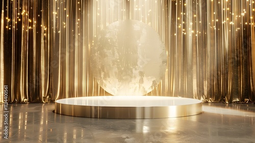 Elegant stage with glowing sphere and sparkling golden backdrop of lights