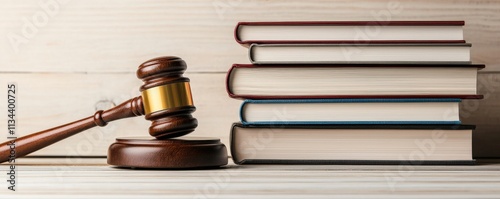 law restriction policy concept. Gavel beside stacked law books on a wooden surface.