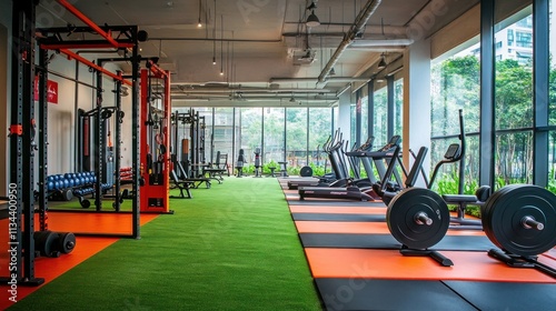 Modern Fitness Center With Equipment And Green Flooring