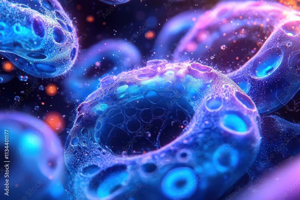 Illuminated deep blue viruslike structures scientific exploration digital art abstract environment close-up view microscopic concept Illuminated deep blue viruslike structures scientific exploration digital art abstract environment close-up view microscopic concept