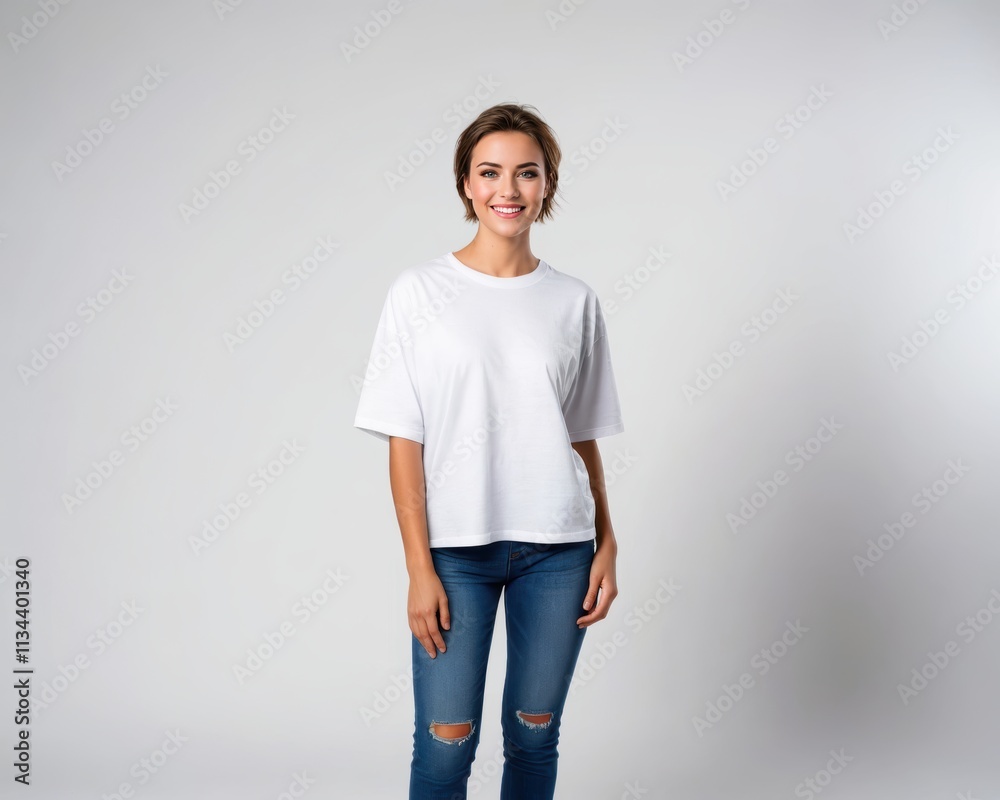Young woman with short hair wearing white oversized t-shirt and jeans isolated on grey background Young woman with short hair wearing white oversized t-shirt and jeans isolated on grey background