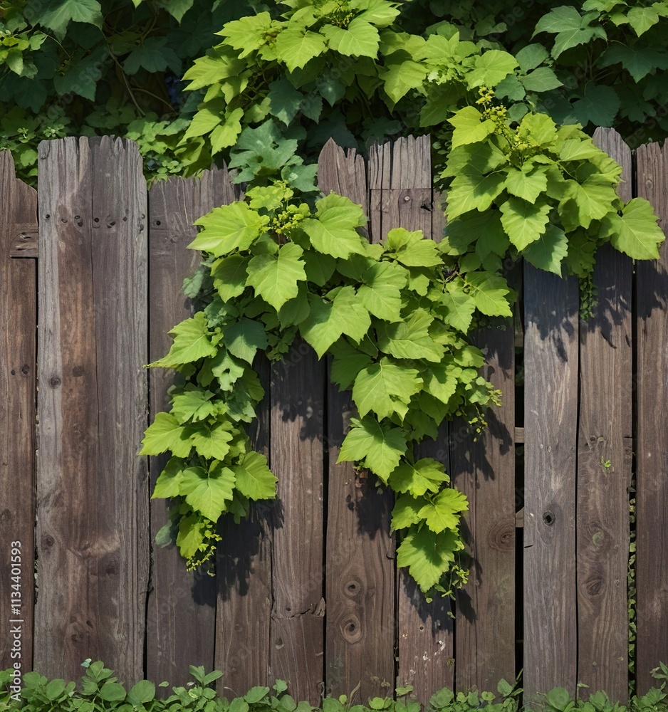 Dense foliage of wild grape leaves covering a wooden fence post, greenery, vines, leafy greens