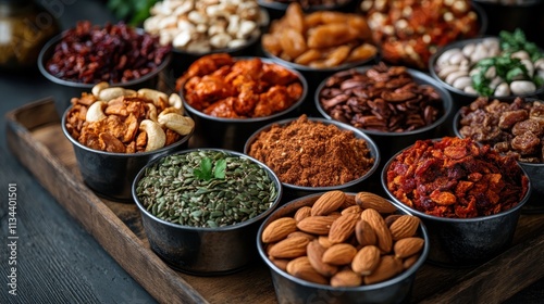 An inviting display of various nuts, seeds, and spices creatively organized in metal bowls, showcasing a flavorful range for culinary enthusiasts and professional chefs. photo