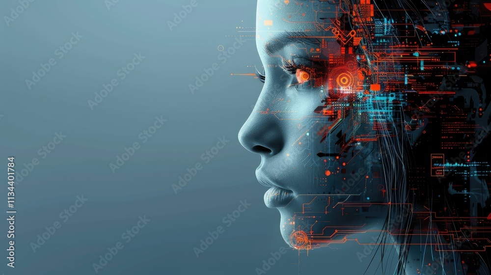 A futuristic profile of a woman blended with digital circuitry and glowing elements. A futuristic profile of a woman blended with digital circuitry and glowing elements.