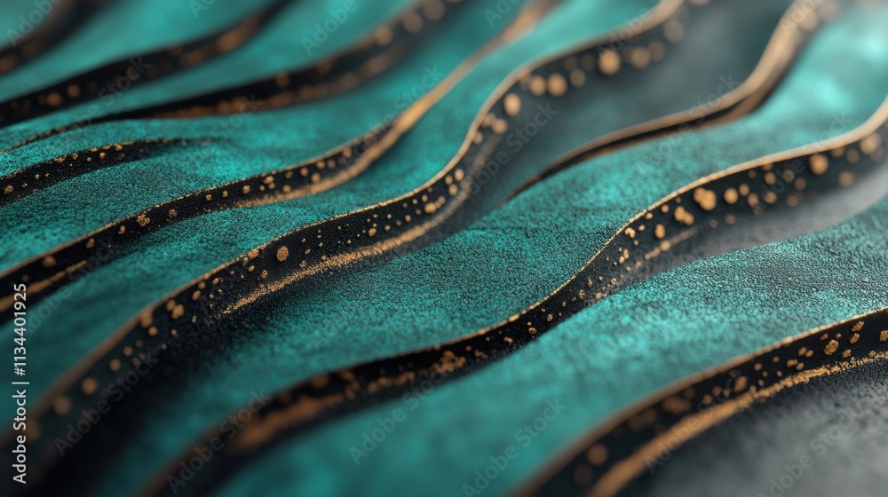 Abstract wavy textured pattern in green and black with gold accents. Close-up macro shot of artistic surface with layered metallic effect. Abstract wavy textured pattern in green and black with gold accents. Close-up macro shot of artistic surface with layered metallic effect.