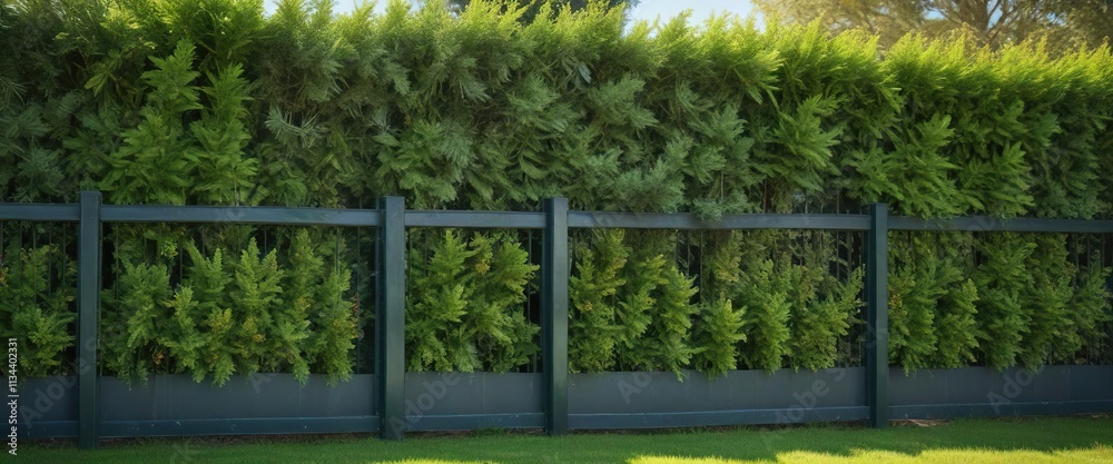 Fototapeta premium A beautiful row of thujas near a rustic green sheet metal fence, outdoor garden, shrubs, rustic fence