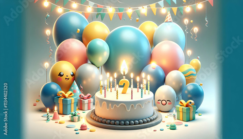 3D Plain background with birthday balloons and glowing candles copy space above. concept as A clean plain background featuring vibrant birthday balloons and glowing candles symbolizing joy and festivi photo