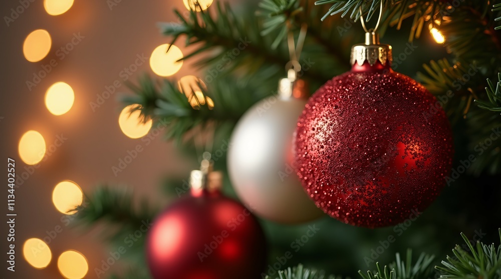 Golden Ornament on Christmas Tree with Soft Lights, Cozy Holiday Ambience. Golden Ornament on Christmas Tree with Soft Lights, Cozy Holiday Ambience.