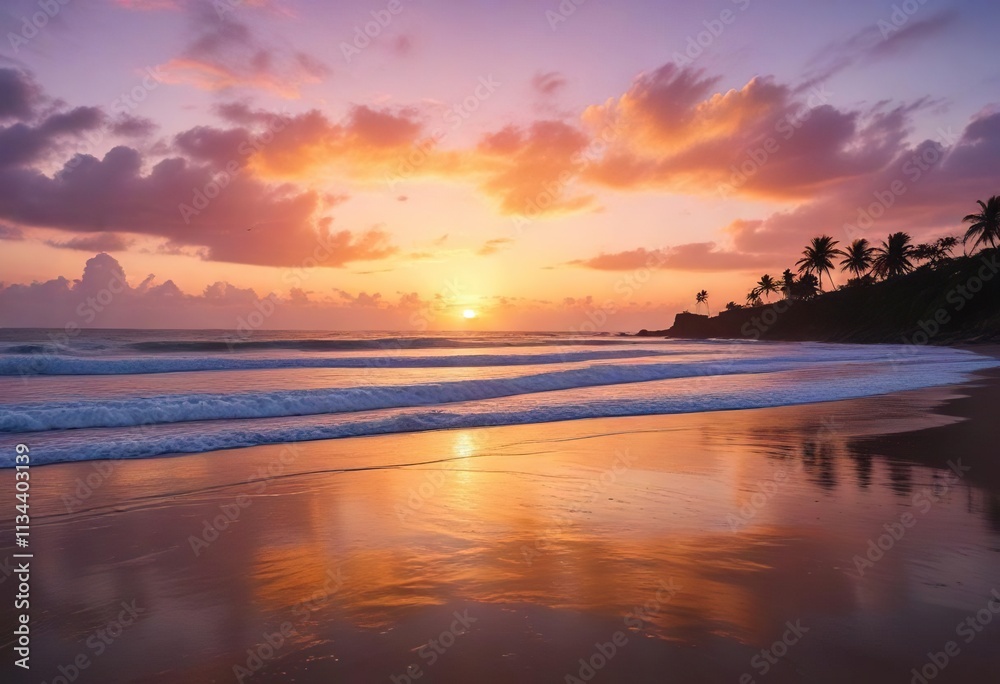 Obraz premium Serene moments on Berawa beach in Canggu Bali during a breathtaking sunset, becah, palm tree, serene