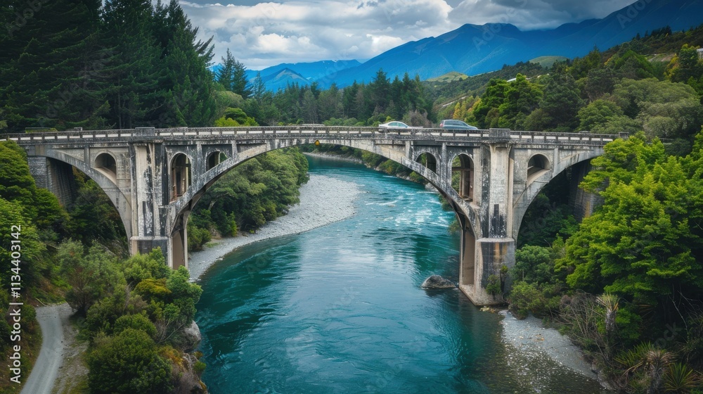 Serene bridge spans the tranquil river beneath dramatic mountains in a lush green landscape Serene bridge spans the tranquil river beneath dramatic mountains in a lush green landscape