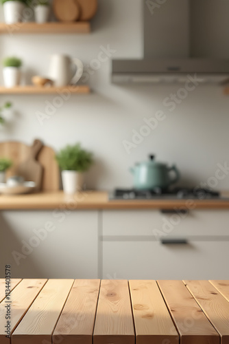 Wood table top placed in a blurred kitchen room background for product display or key visual layouts._00001_