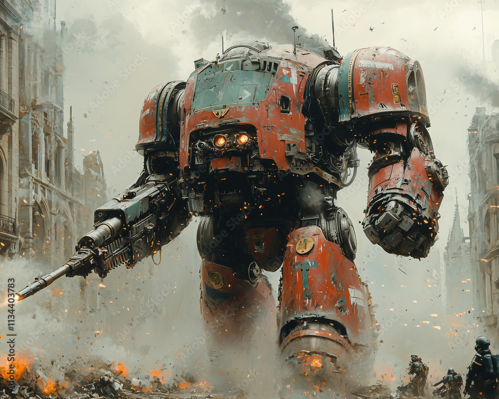 heavily armed red and steel mech warrior standing in a ruined cityscape surrounded by fire and smoke from a destructive battle