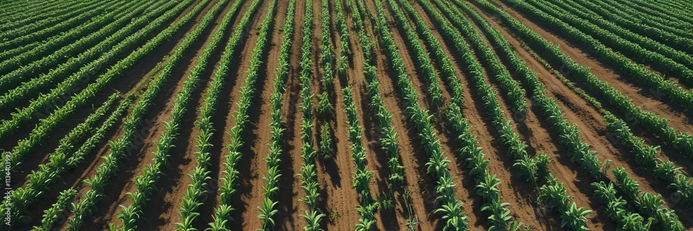 Aerial view of a banana plantation with rows of banana plants stretching out into the distance under a clear blue sky, blue sky, agriculture, rural scenery Aerial view of a banana plantation with rows of banana plants stretching out into the distance under a clear blue sky, blue sky, agriculture, rural scenery