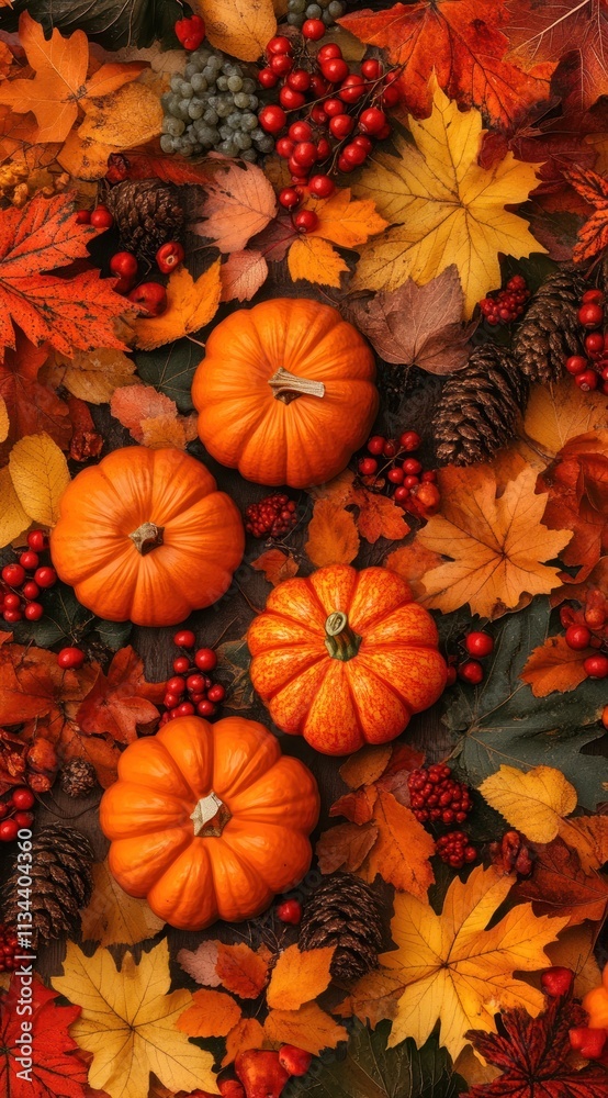 Fototapeta premium Fall pumpkins, cones, and leaves.