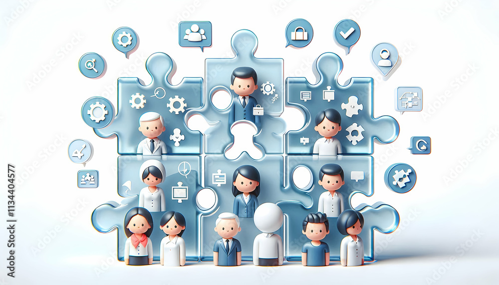 Fototapeta premium 3D Transparent puzzle pieces with team icons isolated on white background concept as Transparent puzzle pieces featuring team icons representing clarity and seamless collaboration in team building puz