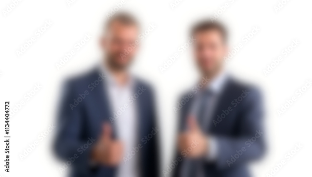 Two businessmen give a thumbs up on a white background, symbolizing business teamwork and success in a professional setting._00001_ Two businessmen give a thumbs up on a white background, symbolizing business teamwork and success in a professional setting._00001_