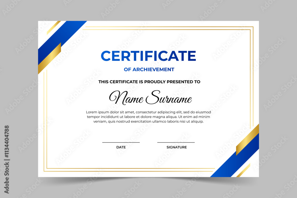 Obraz premium Modern elegant blue and gold certificate template. Appreciation for business and education. Vector illustration