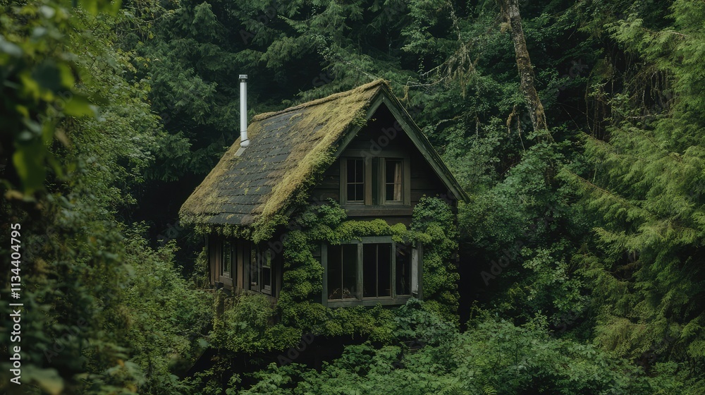 A small cabin camouflaged by moss and vines, nestled deep in a dense forest, blending seamlessly into the natural surroundings A small cabin camouflaged by moss and vines, nestled deep in a dense forest, blending seamlessly into the natural surroundings