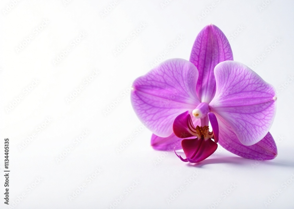 A delicate purple orchid bloom on a white background, flora, botanical, flowers A delicate purple orchid bloom on a white background, flora, botanical, flowers