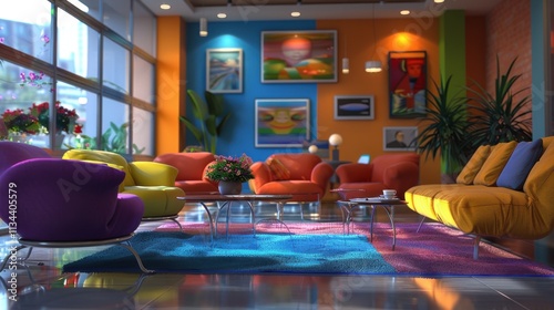 Cozy lounge area brimming with vibrant colors and contemporary decor for relaxation and socializing