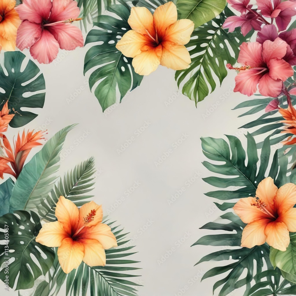 Muted watercolour border featuring tropical flowers and leaves, nature, flowers Muted watercolour border featuring tropical flowers and leaves, nature, flowers