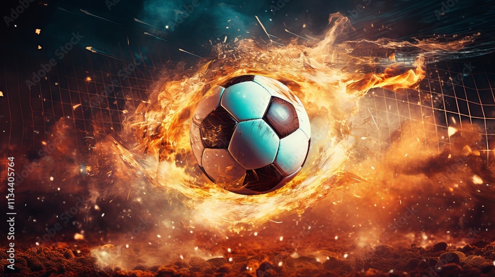 Naklejka premium Soccer ball ignited in a thrilling display of energy and sport. Generative AI