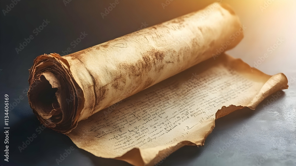 Aged, rolled parchment scroll with antique text and stains. Aged, rolled parchment scroll with antique text and stains.