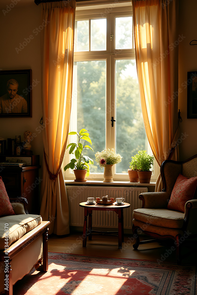 Fototapeta premium Sunlit window highlights the elegance of a bygone era in this charming classic vintage decorated living space._00002_
