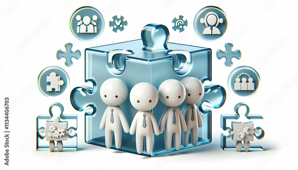 3D Transparent puzzle pieces with team icons isolated on white background concept as Transparent puzzle pieces featuring team icons representing clarity and seamless collaboration in team building puz 3D Transparent puzzle pieces with team icons isolated on white background concept as Transparent puzzle pieces featuring team icons representing clarity and seamless collaboration in team building puz