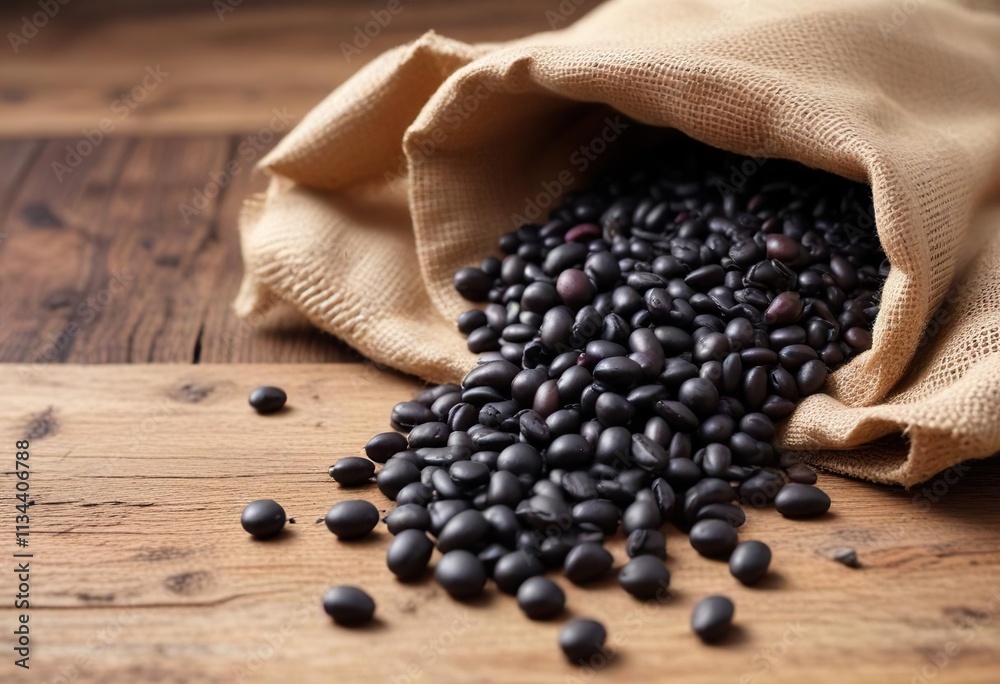 Black beans spilled out of a burlap sack on a wooden table with a few utensils, wooden table, spill Black beans spilled out of a burlap sack on a wooden table with a few utensils, wooden table, spill