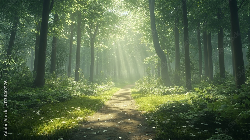 Obraz premium The photo shows a beautiful forest with a path in the middle. The sun is shining through the trees.
