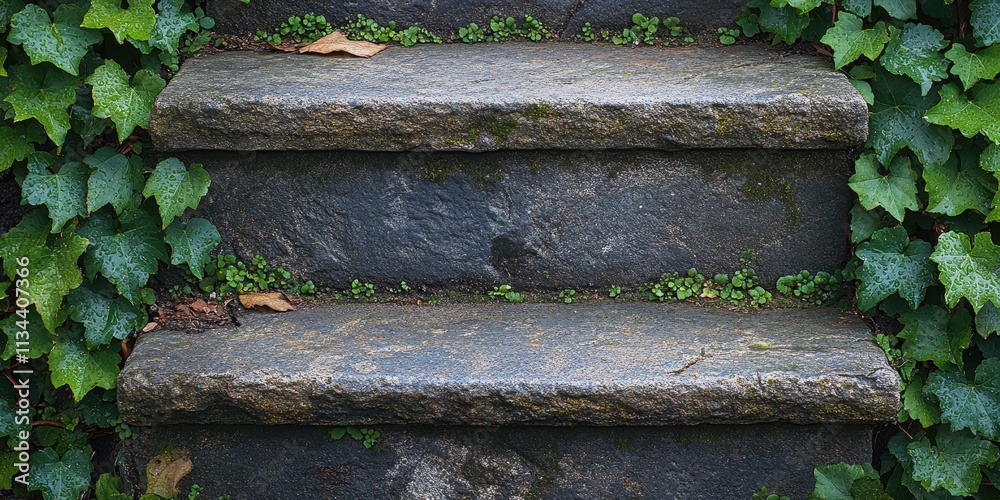 Ancient stone steps overgrown with ivy and moss, featuring weathered textures Ancient stone steps overgrown with ivy and moss, featuring weathered textures