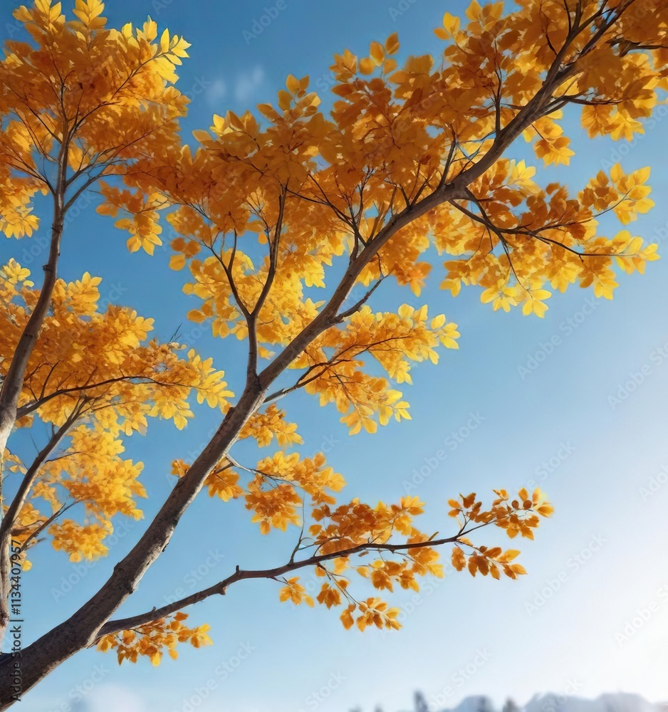 A sprawling branch with yellow and orange leaves against a blurred blue sky, tree, outdoor scenery, autumn foliage A sprawling branch with yellow and orange leaves against a blurred blue sky, tree, outdoor scenery, autumn foliage