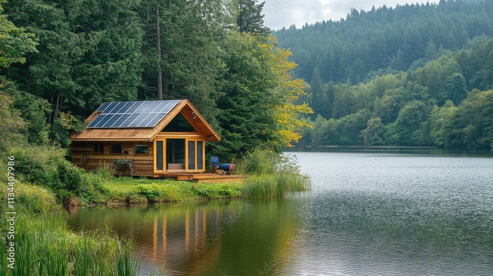 Fototapeta premium A small eco-friendly cabin by a lake, featuring solar panels and a rainwater harvesting system integrated into the design