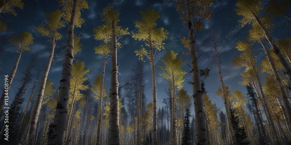 aspen forest at twilight with twinkling stars above, twilight, serene landscape aspen forest at twilight with twinkling stars above, twilight, serene landscape