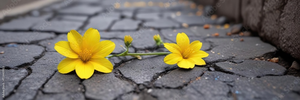 A small yellow flower with delicate petals unfolding from a narrow crack in the pavement, flower field, natural, tiny flower A small yellow flower with delicate petals unfolding from a narrow crack in the pavement, flower field, natural, tiny flower